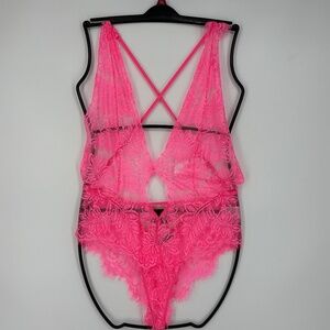 Avid Love Womens Large Bodysuit Neon Pink Sheer Lace Adjustable Shoulder Straps